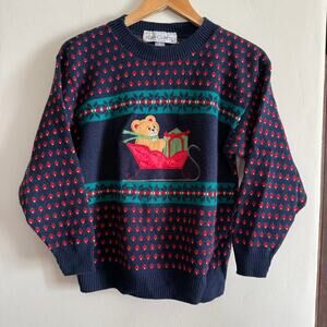 80s Vintage | Kate Collins Whimsical Bear in Sled Christmas Sweater | Small